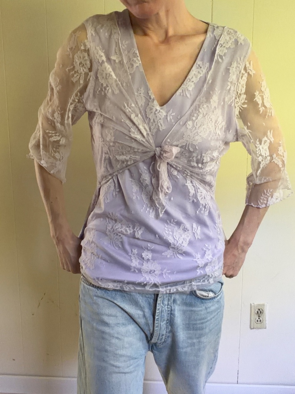 Lavender purple lace three quarter sleeve Y2K top with tie fairy lilac whimsy